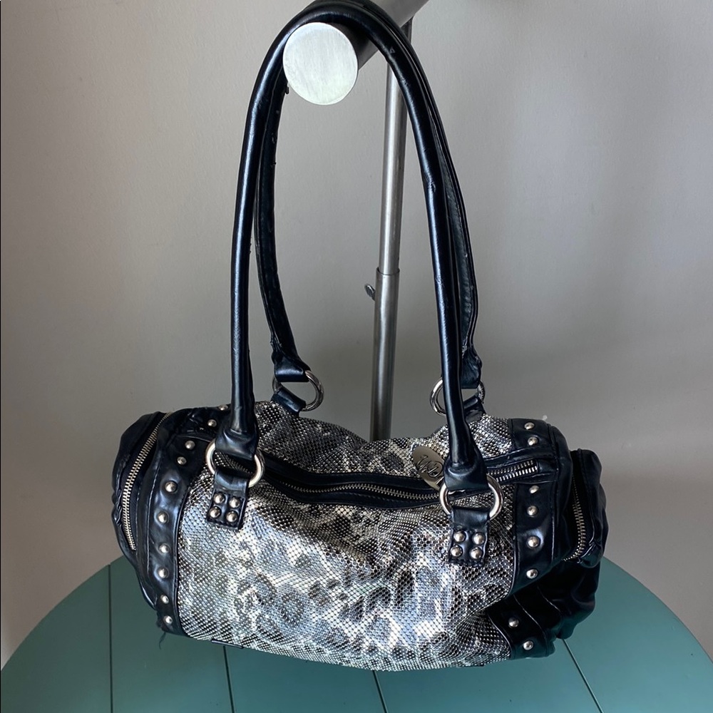 Whitting & Davis black and Silver Chain Mail Bag with Leather Trim